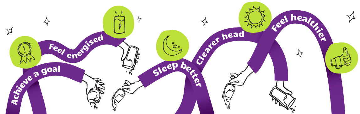 Illustration of different bendy purple arms holding different empty drinks glasses. Each arm has text written within them. The spell out all the benefits of going dry. 