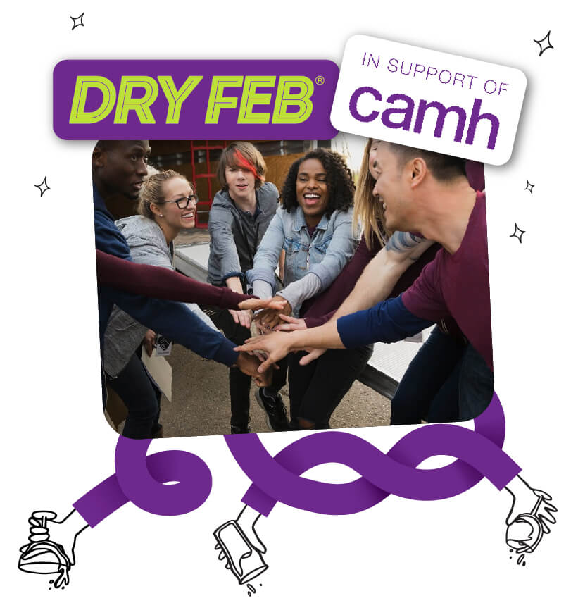 Dry Feb participants group with Dry Feb logo and 'In support of CAMH' logo